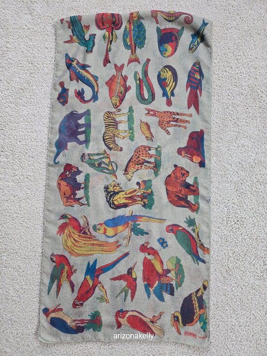 Heading Accessories - Vintage Animal Print Oblong Scarf Birds Fish Mammals Reptiles 1940's Design